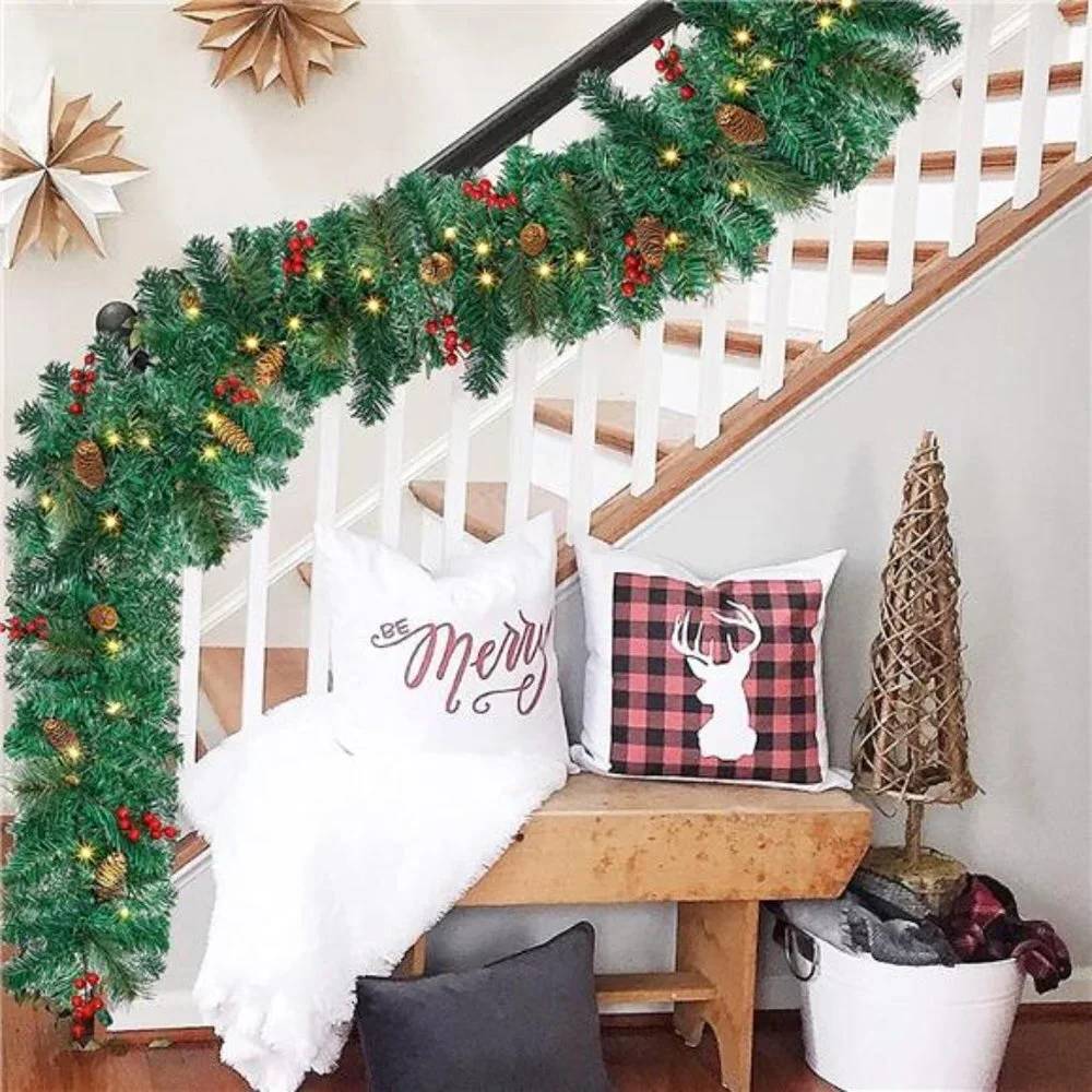9 Foot Christmas Lighted Garland w/ Lights, Pre Lit Garland Wreath for Indoor